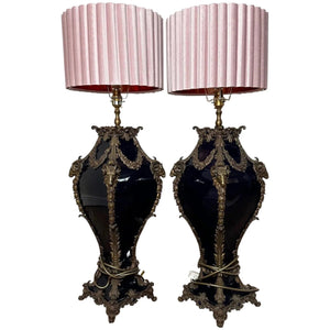 Pair Statement French Large Rams Bronze Blue Ceramic Table Lamps & Pink Shades