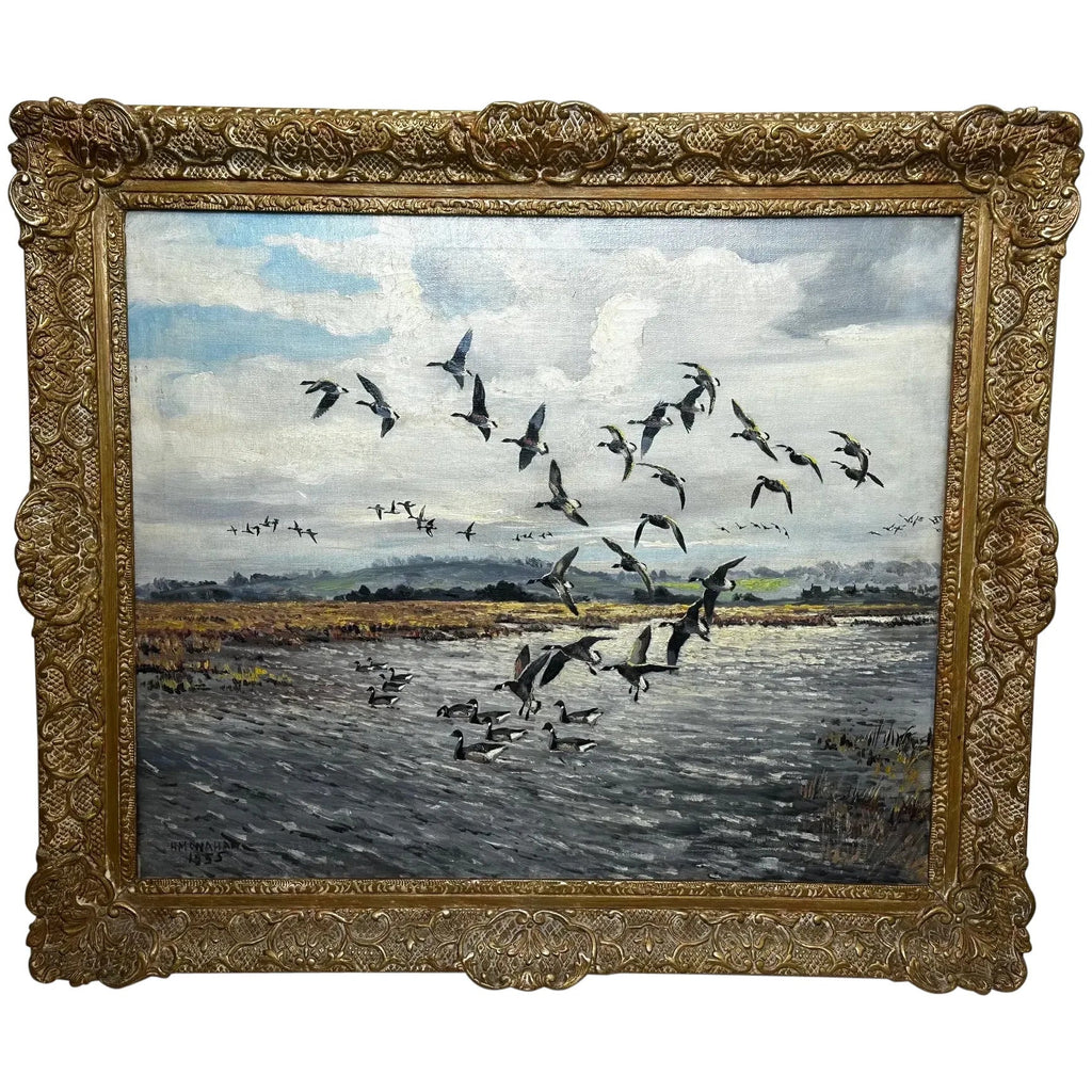 Gaggle Brent Geese Flying Golden Wetlands Norfolk by Hugh Monahan