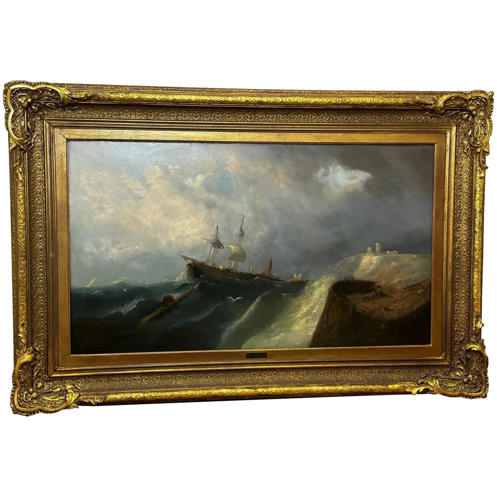 Enorm olieverfschilderij, spartelende schepen in afwachting van redding door William Henry Williamson