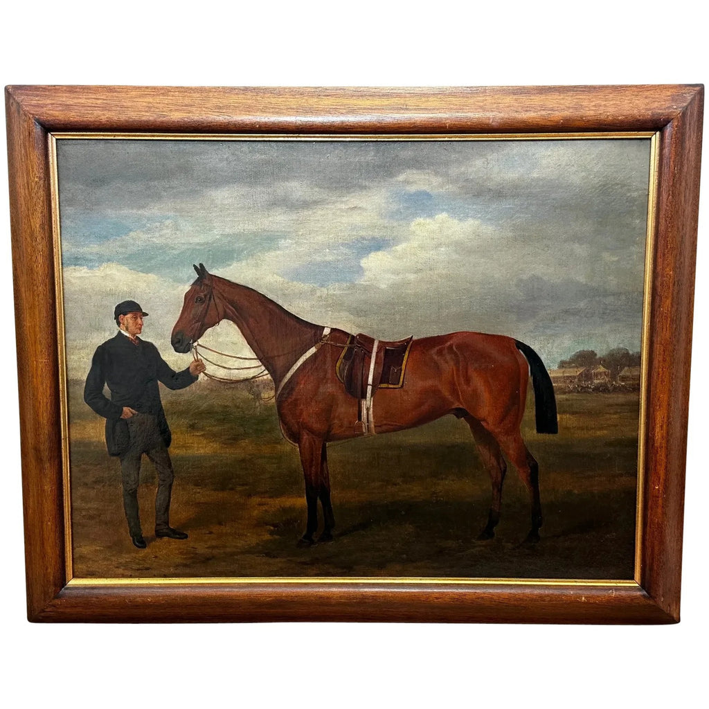 Brits olieverfschilderij Victoriaanse paarden Bay Hunter paard met bruidegom op de Franse beurs