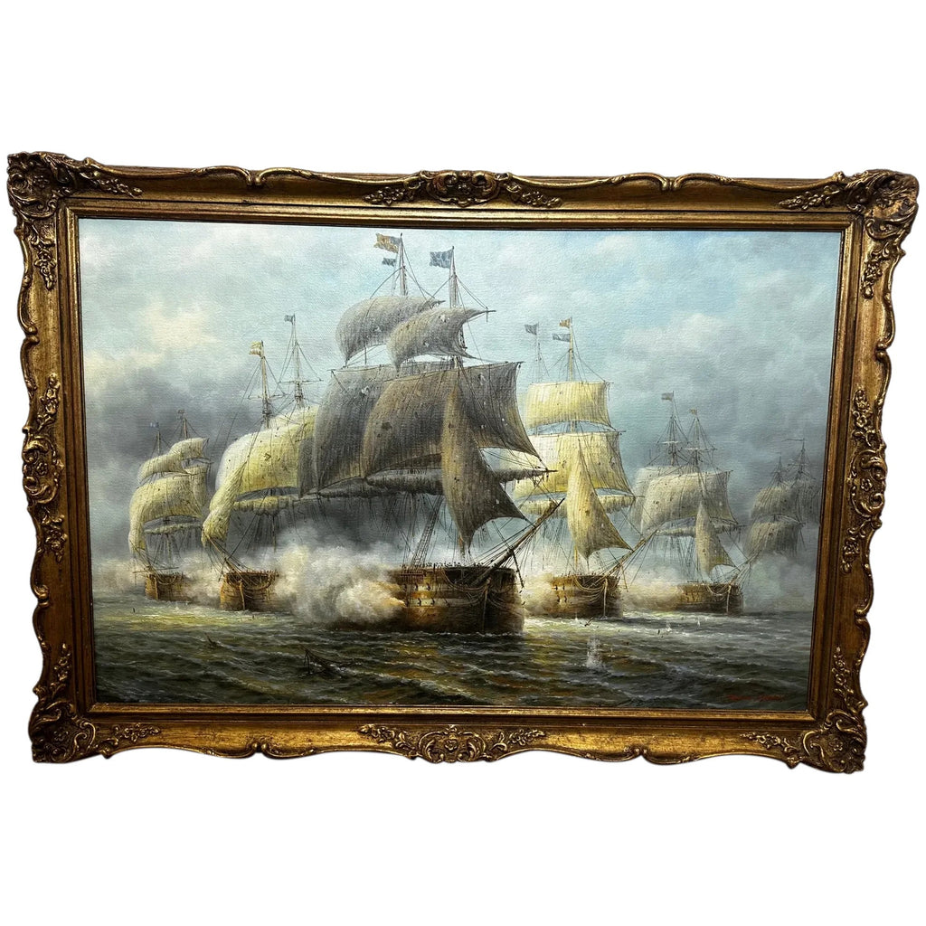 Olieverfschilderij marineschepen Anglo Franse Zee Slag bij Cuddalore 1783 James Hardy