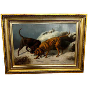 Victoriaanse olieverfschilderij jachthonden in de besneeuwde winter Schotse Moors