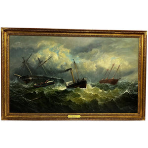 Huge Oil Painting Floundering Ship Rescue Tug Goodwin Sands By William Broome