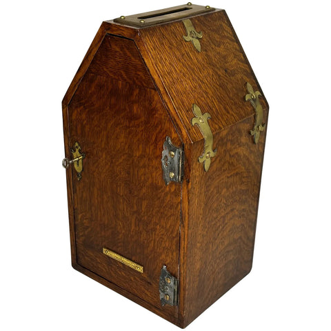 19th Century Pugin Design Private Chapel Tiger Oak Wood Letter Box Lock & Key - Cheshire Antiques Consultant