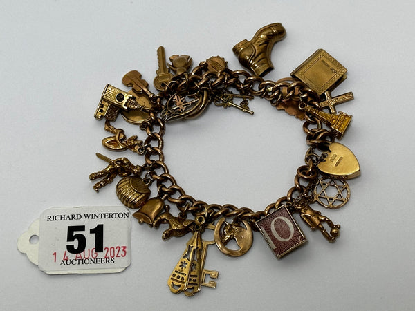 British London Fine Jewellery 9 ct Gold Charm Curb Link Bracelet 26 Charms