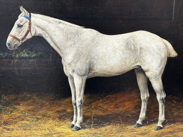 19th Century Oil Painting Portrait Of Grey Horse In Stable By Stanley Berkeley - Cheshire Antiques Consultant