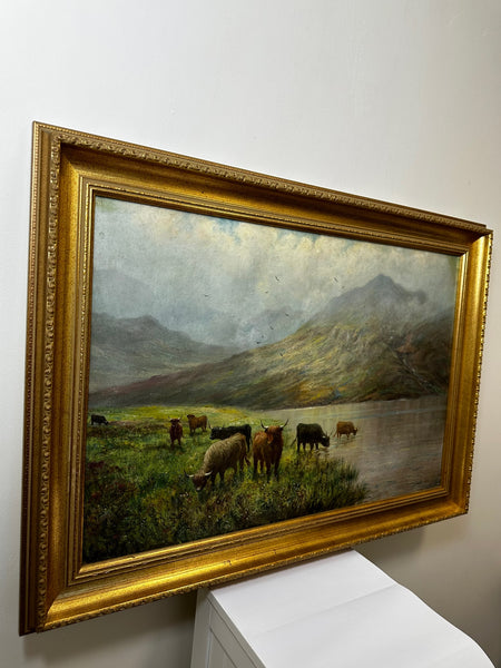 Scottish 19th Century Oil Painting Loch Shiel Highland Cattle By Douglas Cameron