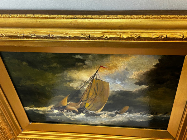 19th Century British Oil Painting Dramatic Marine Fishing Boats Caught In Storm