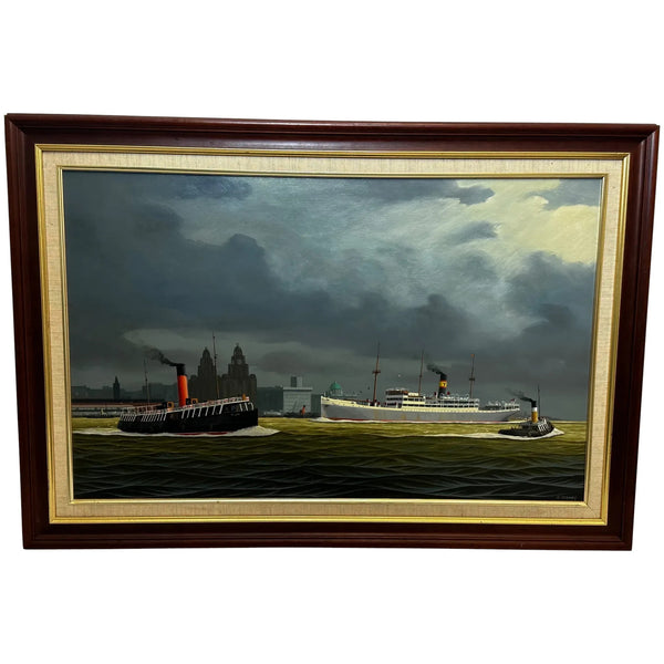 Oil Painting Alca Passenger Cargo Ship Yeoman Line & Ferry Claughton In Liverpool