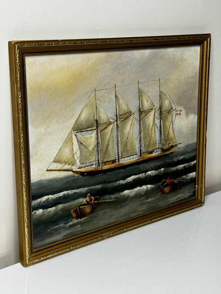 Danish Oil Painting Schooner 4 Masted Sailing Ship Dana East Asiatic Company - Cheshire Antiques Consultant Ltd