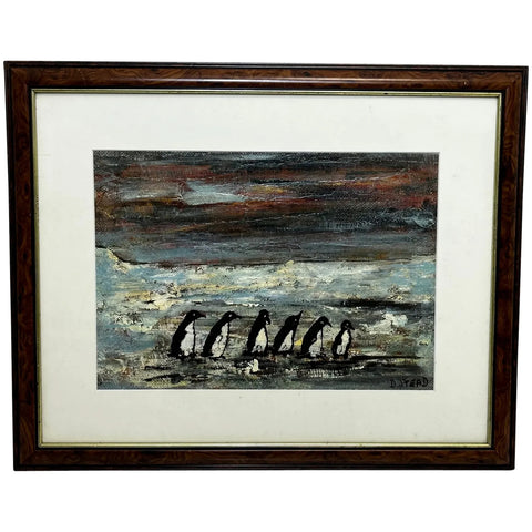 Impressionist Oil Painting Winter Waddle Of 6 Black & White Marine Penguins Antarctica