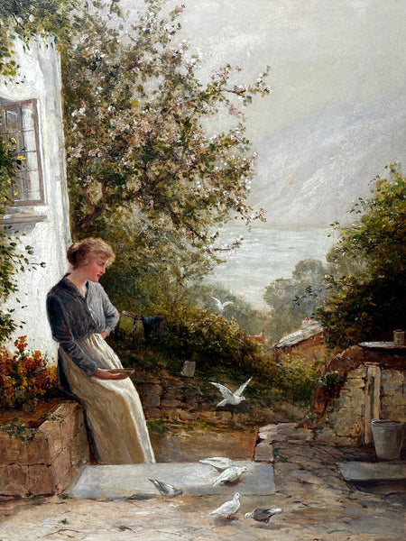 Victorian Oil Painting Lady Feeding The Doves By Ernest Charles Walbourn - Cheshire Antiques Consultant
