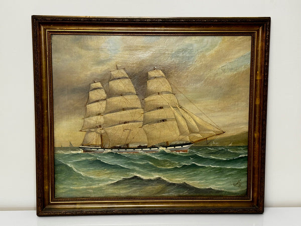 Victorian Oil Painting Taranaki Iron Sailing Ship Port Chambers New Zealand - Cheshire Antiques Consultant