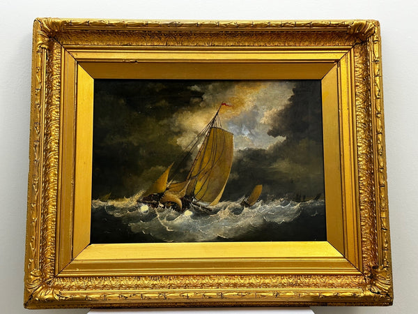 19th Century British Oil Painting Dramatic Marine Fishing Boats Caught In Storm - Cheshire Antiques Consultant