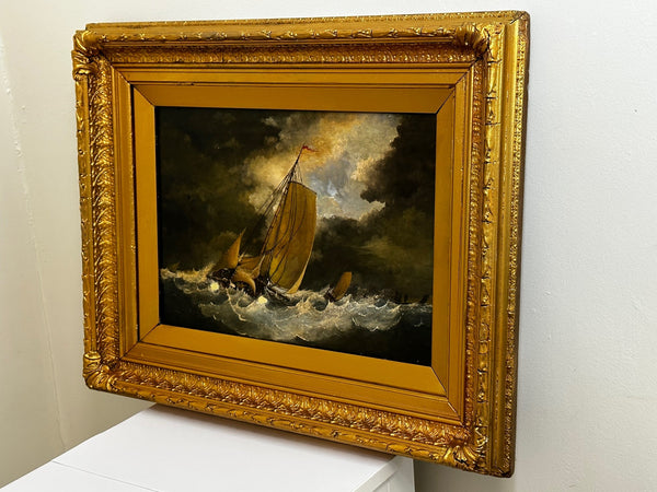 19th Century British Oil Painting Dramatic Marine Fishing Boats Caught In Storm - Cheshire Antiques Consultant