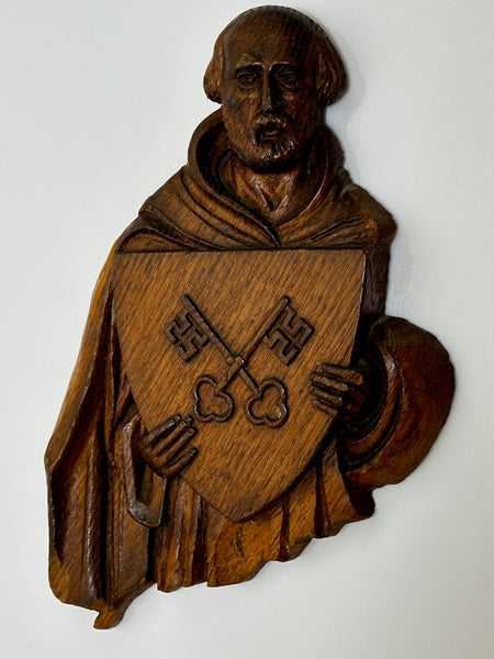 19th Century Carved Religious Figure Saint Holding Shield Crossed Keys Of Heaven - Cheshire Antiques Consultant