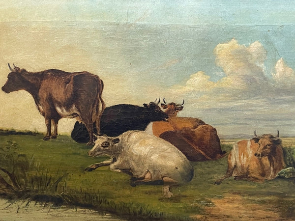 19th Century Oil Painting Cattle In Water Meadow Attributed William Fleming - Cheshire Antiques Consultant