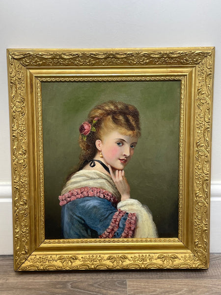 19th Century Oil Painting Portrait Ginger Hair Rose Young Lady - Cheshire Antiques Consultant