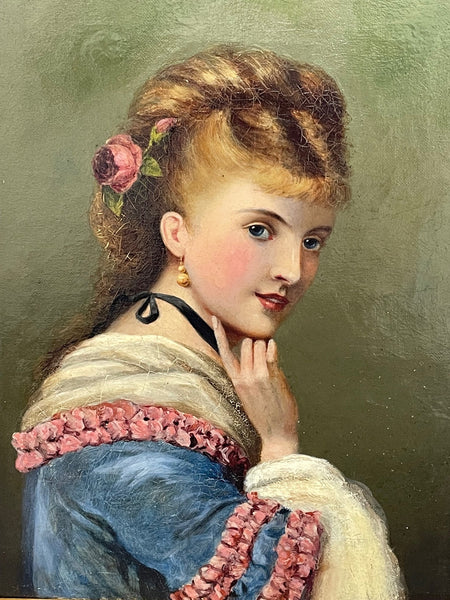 19th Century Oil Painting Portrait Ginger Hair Rose Young Lady - Cheshire Antiques Consultant