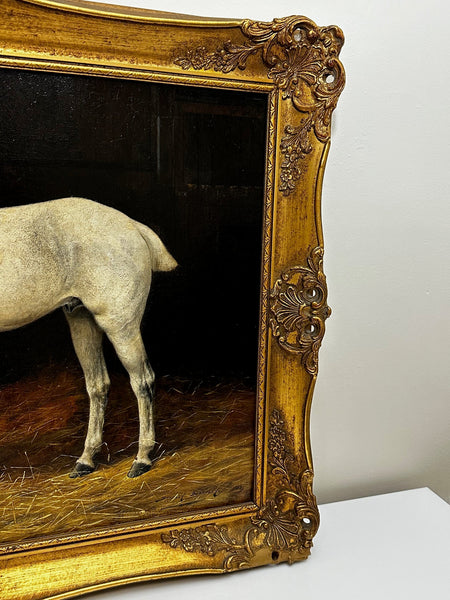 19th Century Oil Painting Portrait Of Grey Horse In Stable By Stanley Berkeley - Cheshire Antiques Consultant