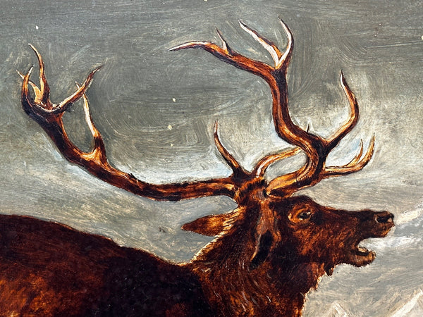 19th Century Oil Painting Winter Monarch Of The Glen Stag In Starlit Sky Highlands - Cheshire Antiques Consultant