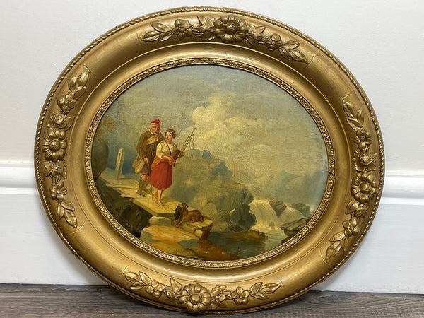19th Century Scottish Highlands Oval Oil Painting Ghillie & Girl Bagpipes & Terrier - Cheshire Antiques Consultant