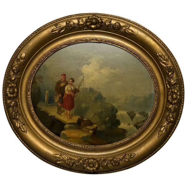 19th Century Scottish Highlands Oval Oil Painting Ghillie & Girl Bagpipes & Terrier - Cheshire Antiques Consultant