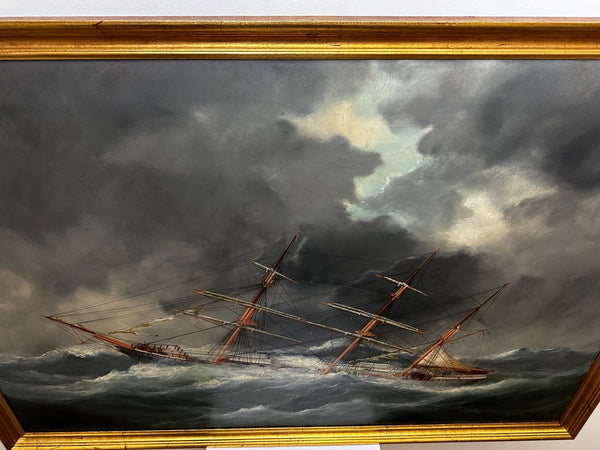 19th Century Seascape Oil Painting Clipper Sailing Ship Swamped Distress Bay Biscay - Cheshire Antiques Consultant