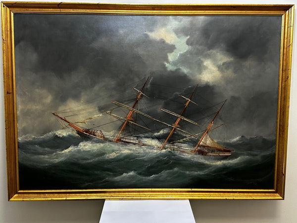 19th Century Seascape Oil Painting Clipper Sailing Ship Swamped Distress Bay Biscay - Cheshire Antiques Consultant