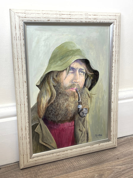 Portrait Oil Painting Cornish Fisherman Smoking Pipe Follower Of Newlyn School