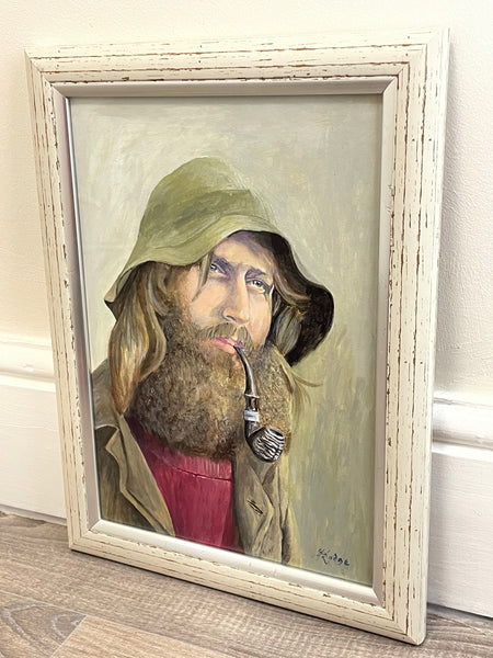 Portrait Oil Painting Cornish Fisherman Smoking Pipe Follower Of Newlyn School
