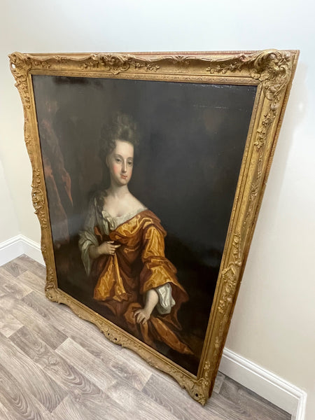 Huge Baroque 17th Century Oil Painting Portrait Lady Golden Dress Circle Of Godfrey Kneller