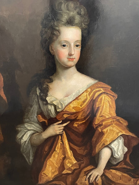 Riesiges Ölgemälde Portrait Lady Golden Dress Circle von Godfrey Kneller 1646-1723 