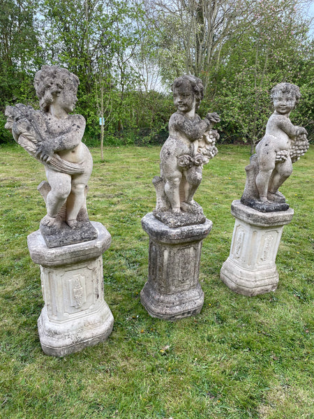 Set 3 Large Victorian Style Stone Changing Seasons Cherubs Plinths Garden Statues