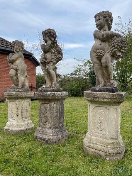 Set 3 Large Victorian Style Stone Changing Seasons Cherubs Plinths Garden Statues
