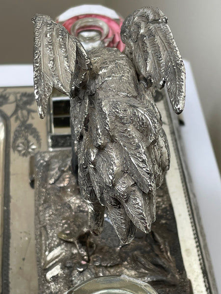 Victorian Silver Plate Crane Bird Inkwell Stand After James Deakin