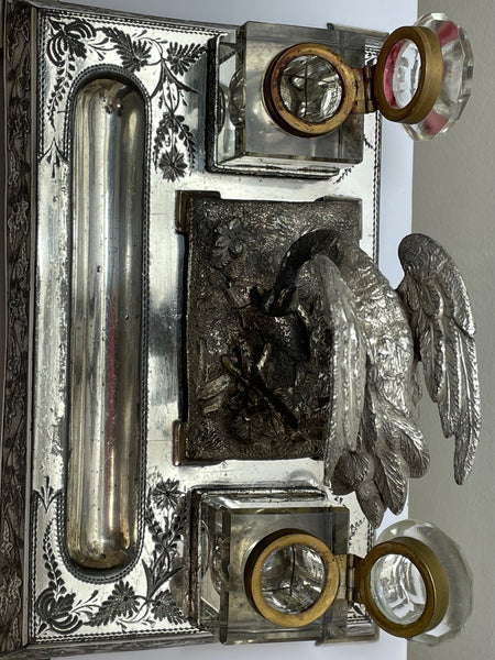 Victorian Silver Plate Crane Bird Inkwell Stand After James Deakin