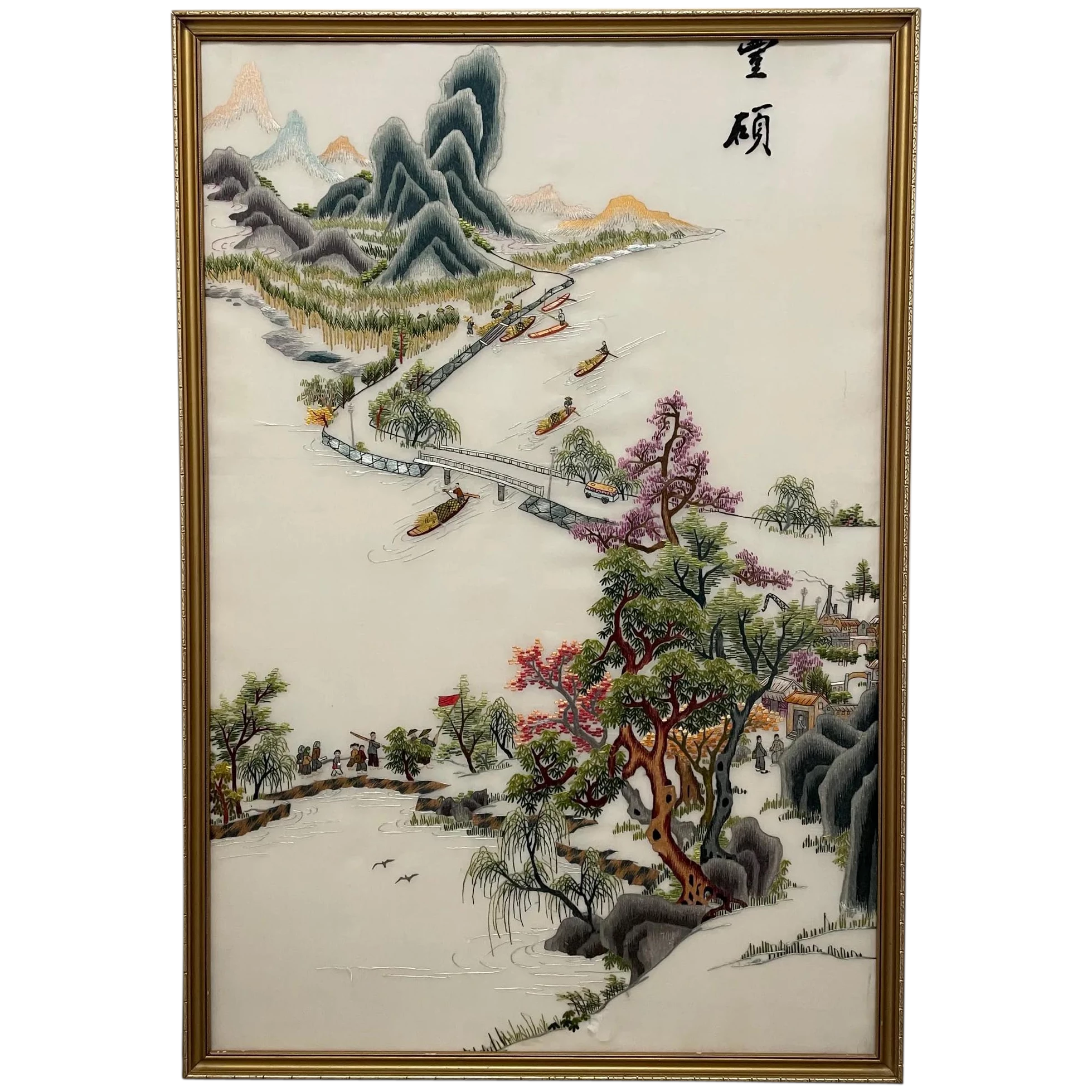 Large Framed Artwork Signed Chinese Embroidered Silk Tapestry - Cheshire Antiques Consultant