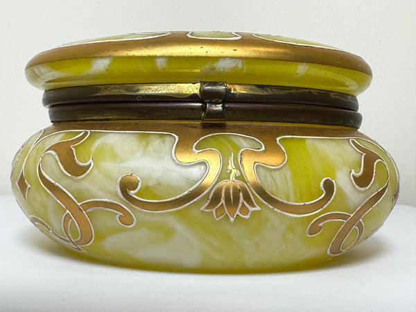 Antique Art Nouveau Loetz Art Glass Round Gilt Floral Trinket Box - Cheshire Antiques Consultant