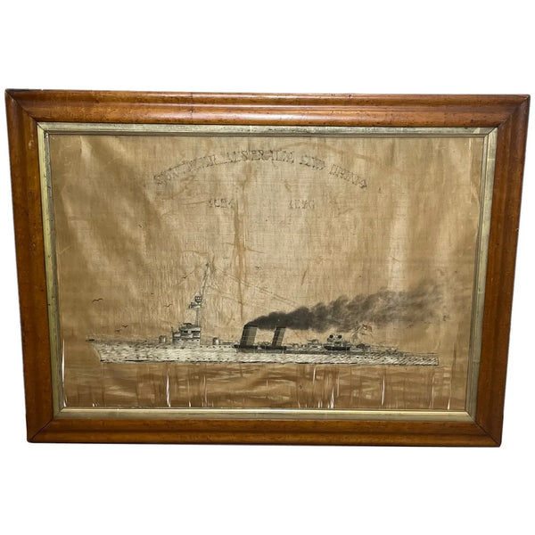 Antique Marine Silk Embroidery WW1 Royal Navy Light Cruiser Ship HMS Concord - Cheshire Antiques Consultant