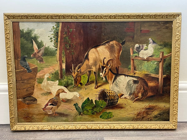 Antique Oil Painting "Farmyard Gathering" Follower Of Edgar Hunt - Cheshire Antiques Consultant