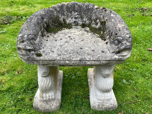 Architectural Victorian Style Stone Garden Lion Curved Seat Bench - Cheshire Antiques Consultant