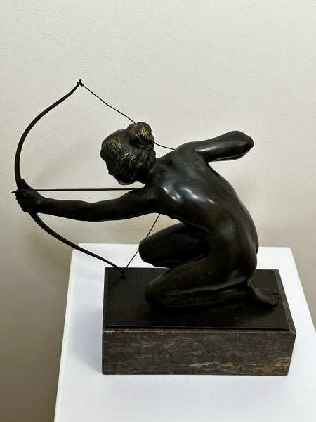 Art Deco Bronze Diana Goddess Holding Bow & Arrow Signed R Henn - Cheshire Antiques Consultant