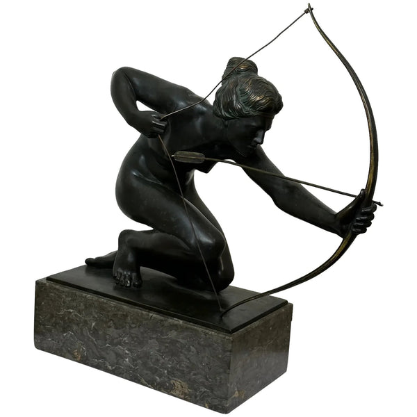 Art Deco Bronze Sculpture Diana Goddess Holding Bow & Arrow Signed R Henn - Cheshire Antiques Consultant