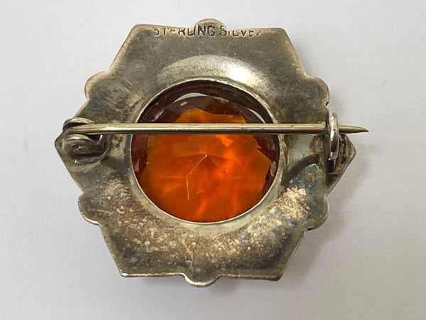 Art Deco Scottish Amber Agate Hallmarked Sterling Silver Brooch - Cheshire Antiques Consultant