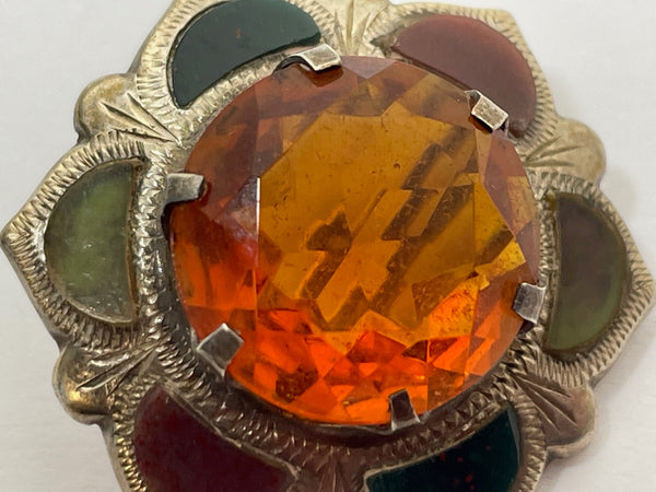 Art Deco Scottish Amber Agate Hallmarked Sterling Silver Brooch - Cheshire Antiques Consultant