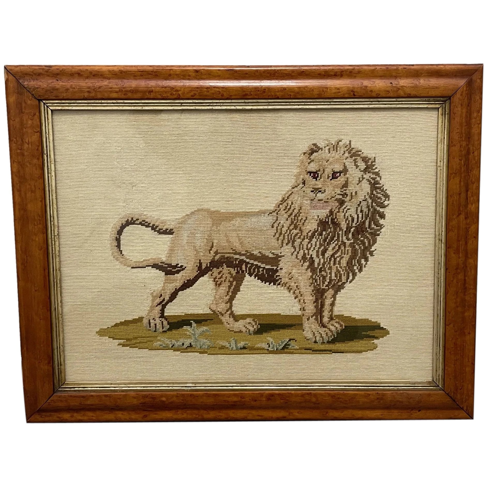 Beautiful Artwork Victorian Woolwork Standing Lion Tapestry - Cheshire Antiques Consultant