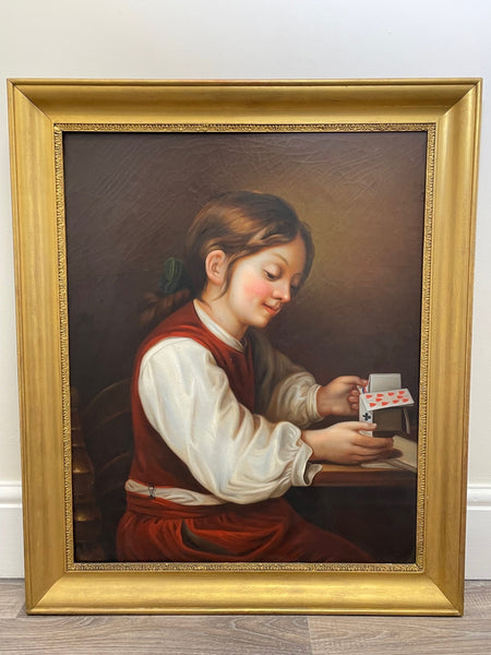 British 19th Century Portrait Oil Painting Girl Playing House Of Cards - Cheshire Antiques Consultant