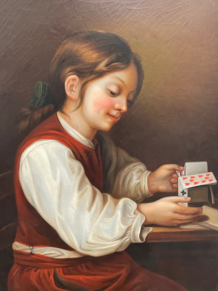 British 19th Century Portrait Oil Painting Girl Playing House Of Cards - Cheshire Antiques Consultant
