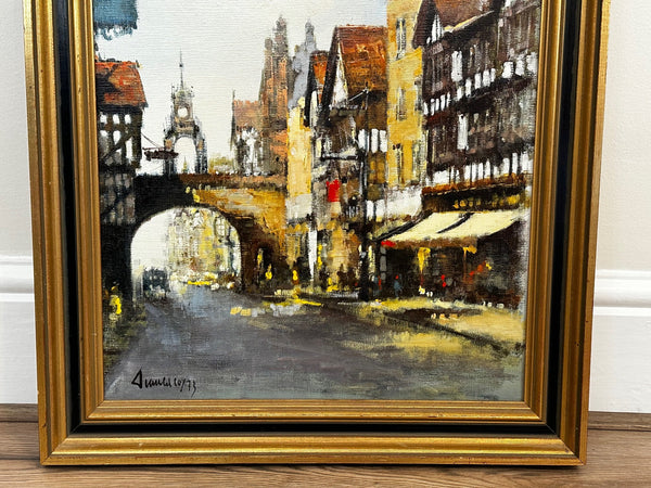 British Cityscape Oil Painting Historic Chester Eastgate Street Clock - Cheshire Antiques Consultant